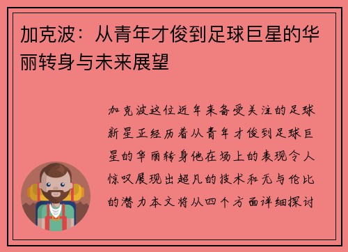 加克波：从青年才俊到足球巨星的华丽转身与未来展望